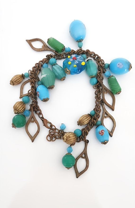 Turquoise & Green Murano Glass Beads Bracelet, Vi… - image 1