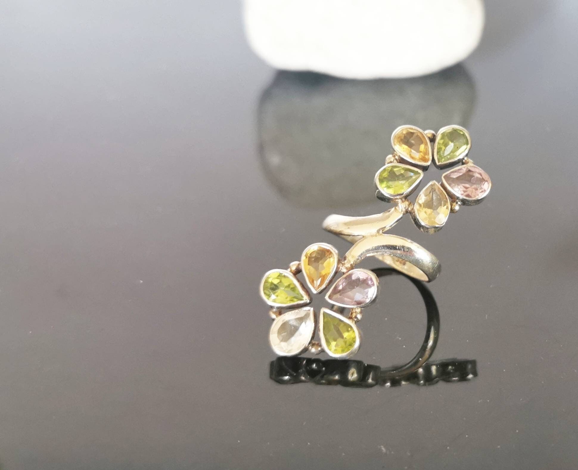 Flower Gemstone Ring, Sterling Silver Floral Jewelry, Statement Ring ...