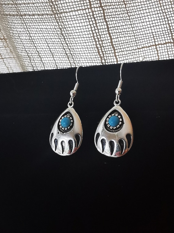 Sterling Silver Navaho Bear Paw Turquoise Drop Ea… - image 2