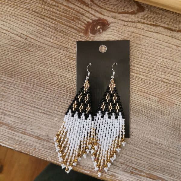 Indigenous Designed Black & Gold Minimalist Beaded Fringe Earrings, Gift For Her, Native Jewelry