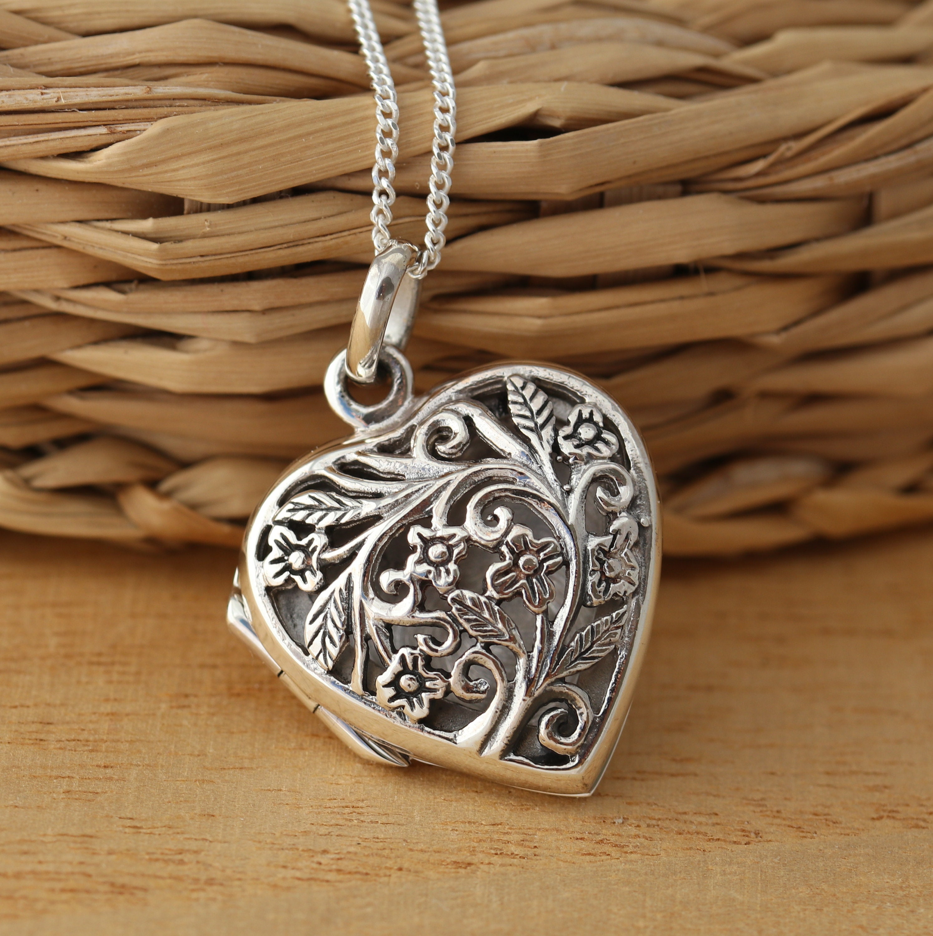 Sterling Silver Rhodium Heart Filigree Locket Pendant Necklace Chain Included