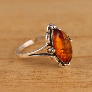 Cognac Baltic Amber 925 Sterling Silver Ring Genuine Marquise Amber Ring Various Sizes Gift Boxed