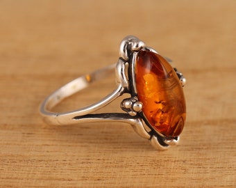 Cognac Baltic Amber 925 Sterling Silver Ring Genuine Marquise Amber Ring Various Sizes Gift Boxed