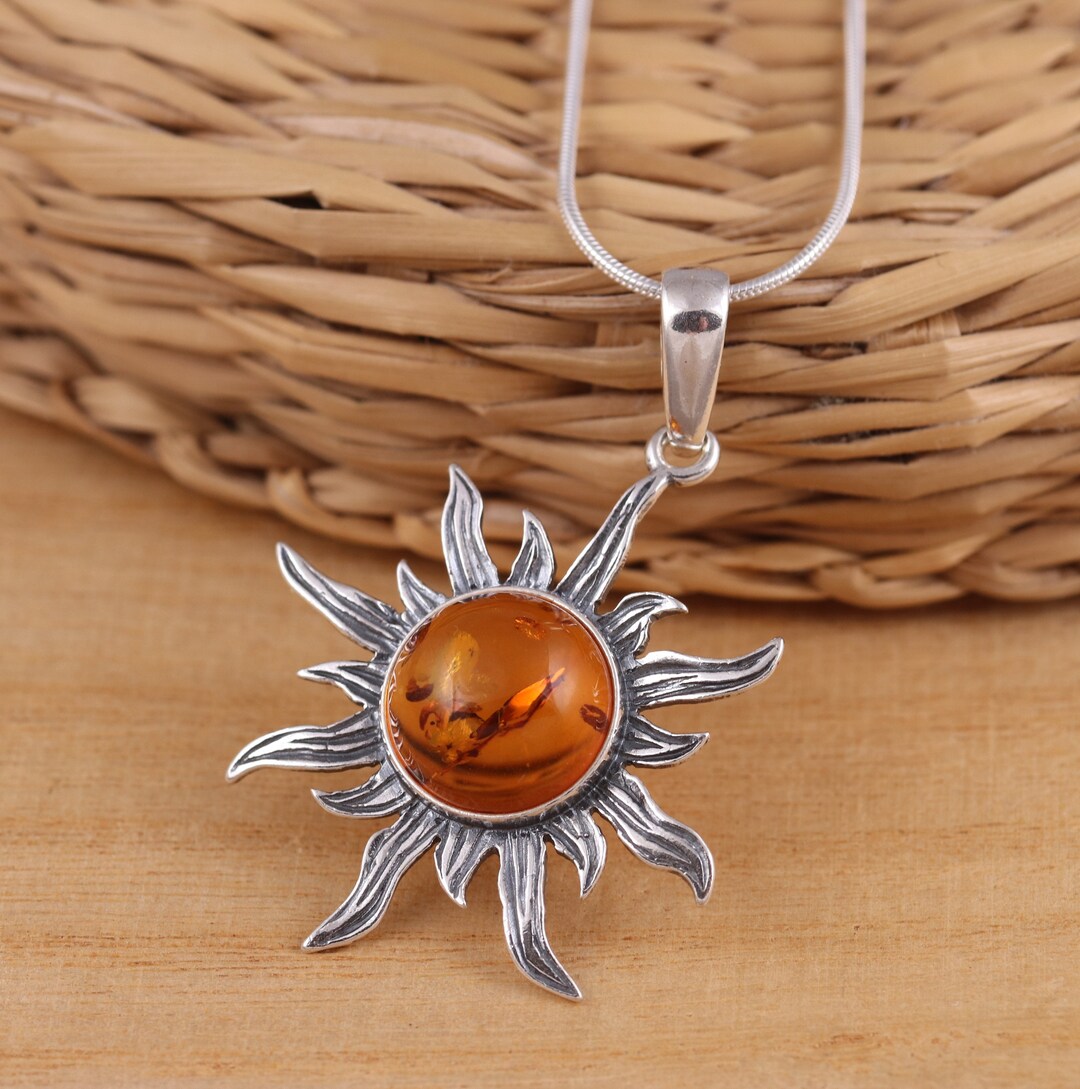 Natural Baltic Amber 925 Sterling Silver Large Sun Pendant Snake