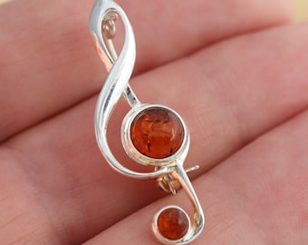 Baltic Amber 925 Sterling Silver Treble Clef Music Note Brooch Pin Gift Boxed