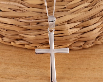 Solid 925 Sterling Silver Plain Cross Crucifix Pendant Necklace Curb Chain Gift Boxed