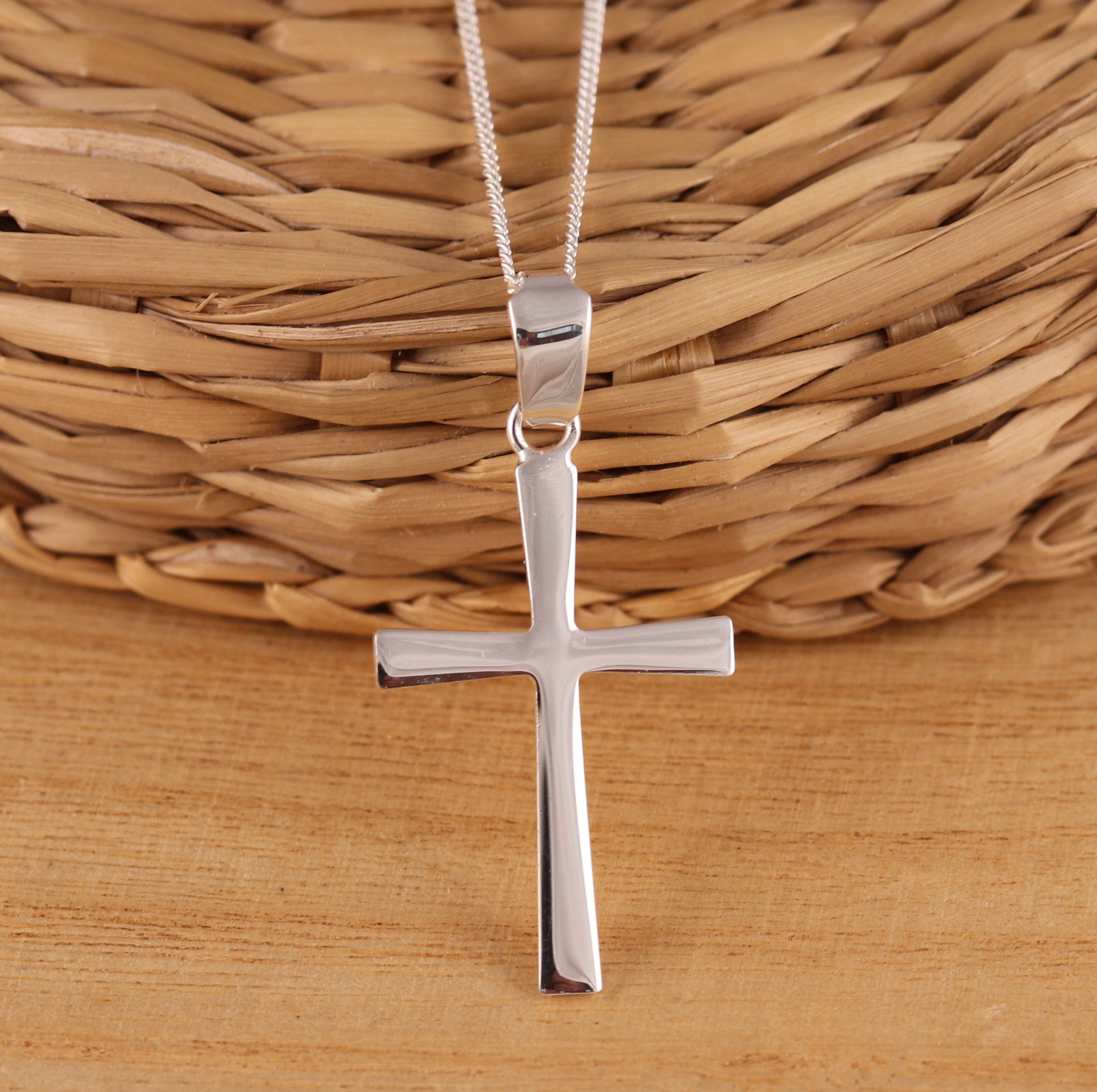 Solid 925 Sterling Silver Plain Cross Crucifix Pendant Necklace Curb ...