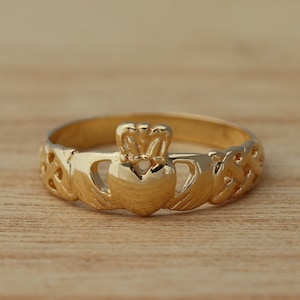 Yellow Gold Plated on Real 925 Sterling Silver Celtic Claddagh Band Ring Celtic Knot Ring Gift Boxed