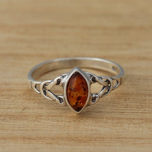 Cognac Baltic Amber 925 Sterling Silver Celtic Design Ring Genuine Amber Ring Various Sizes Gift Boxed