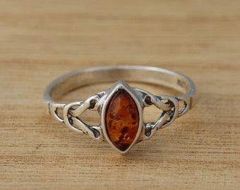 Cognac Baltic Amber 925 Sterling Silver Celtic Design Ring Genuine Amber Ring Various Sizes Gift Boxed