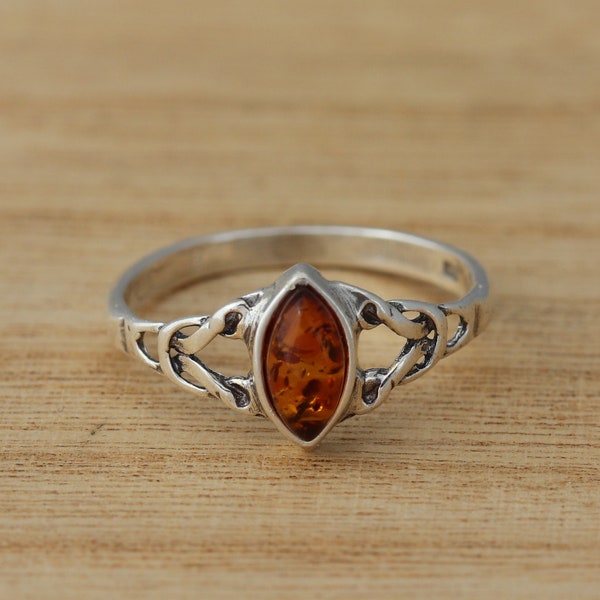 Cognac Baltic Amber 925 Sterling Silver Celtic Design Ring Genuine Amber Ring Various Sizes Gift Boxed