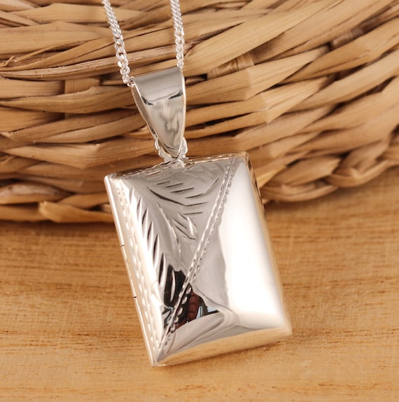 Solid 925 Sterling Silver Rectangular Engraved Photo Locket Pendant Necklace Gift Box Etsy