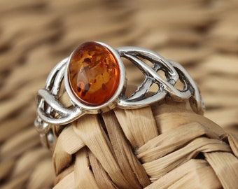 Cognac Baltic Amber 925 Sterling Silver Celtic Design Ring Jewellery Various Sizes Gift Boxed