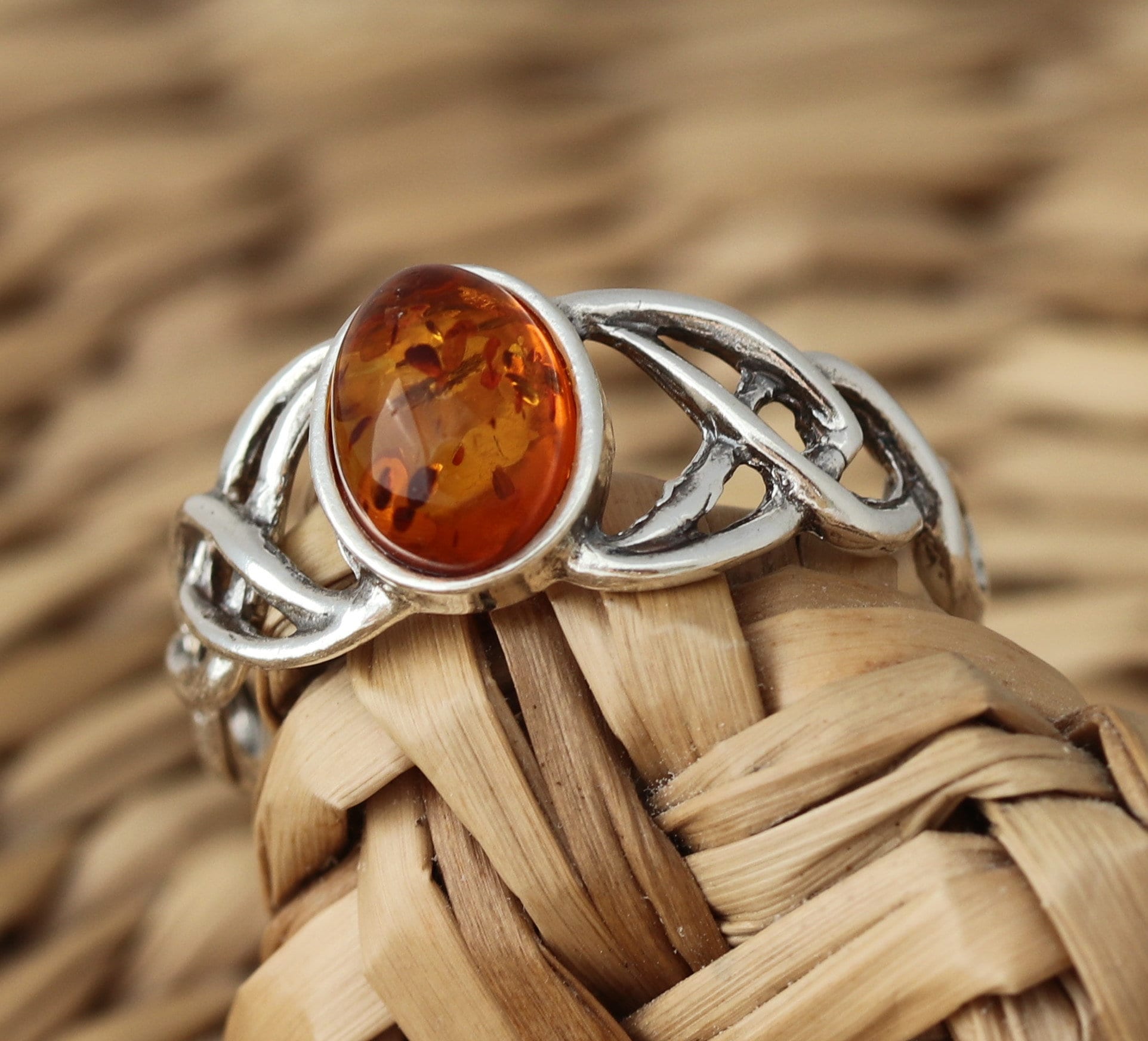 Bague En Argent 925 Avec Ambre De La Baltique - Design Celtique - Taille R - Fabriquée En Pologne