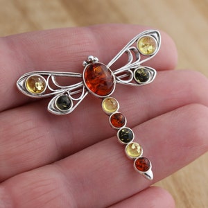 Multicolour Baltic Amber 925 Sterling Silver Dragonfly Brooch Pin Jewellery Gift Boxed