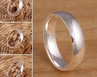 Solid 925 Sterling Silver Plain Wedding Band Ring Comfort Fit D-Shaped Thumb Ring Various Width Men's Ladies Gift Boxed