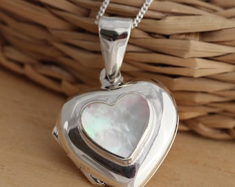 925 Sterling Silber Perlmutt Herz Locket Anhänger Halskette verschiedene Länge Geschenk Boxed