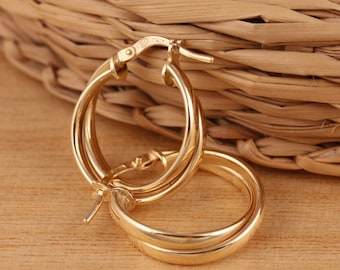 Yellow Gold Plated on Solid 925 Sterling Silver Plain Double Huggie Hoop Earrings 19mm Diameter Gift Boxed