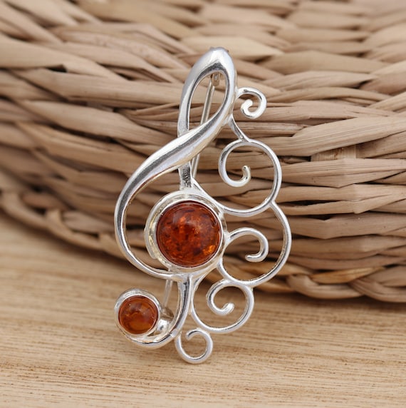 Baltic Amber & Sterling Silver 925 Music Clef Brooch Pin - Designer Cognac Jewelry Gift Boxed, Made In Poland