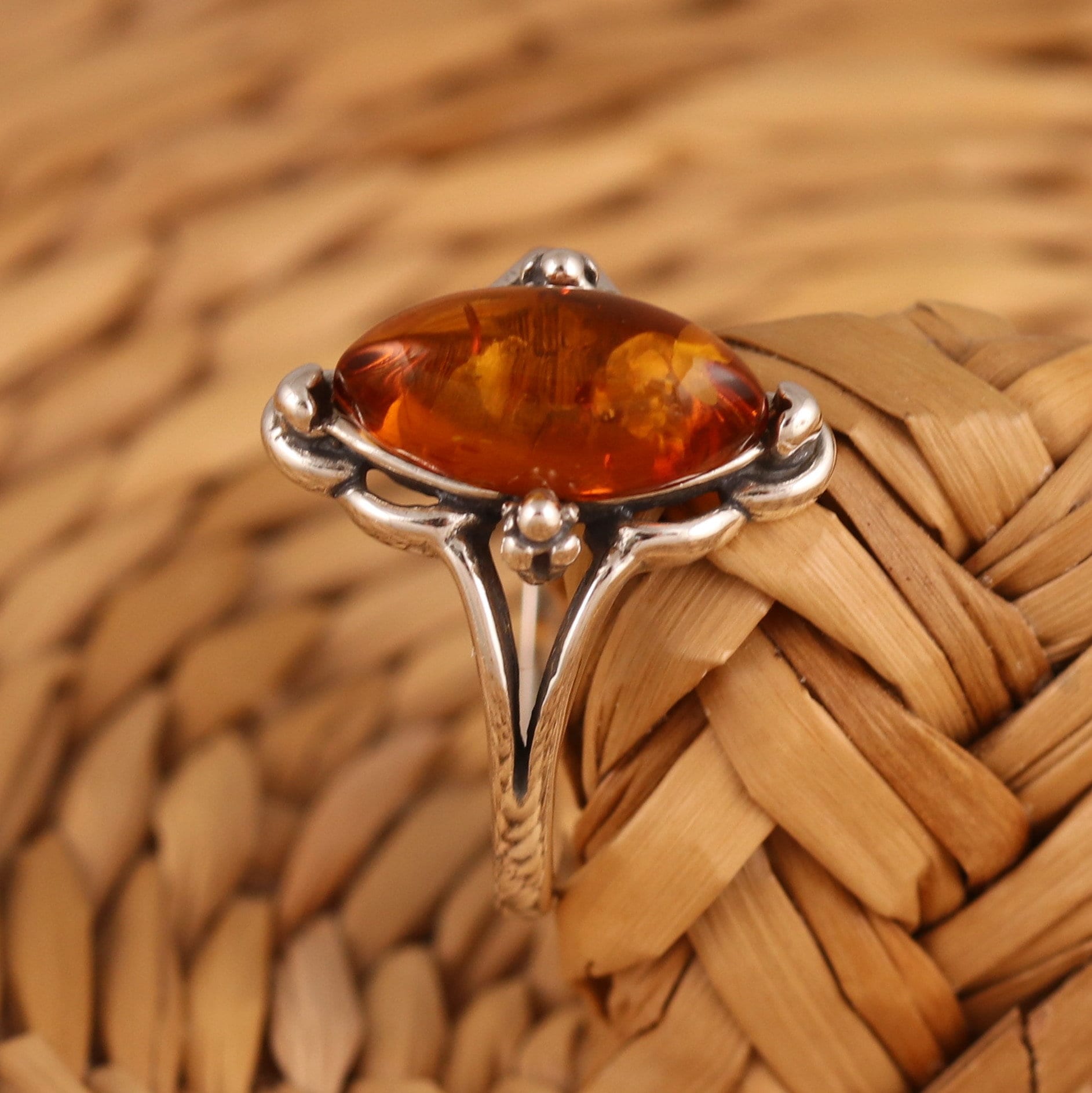 Cognac Baltic Amber 925 Sterling Silver Ring Genuine Marquise