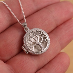 Può includere: Una collana d'argento con un ciondolo rotondo che presenta un designo dettagliato dell'albero della vita con pietre di zircone cubico trasparenti attorno al bordo.