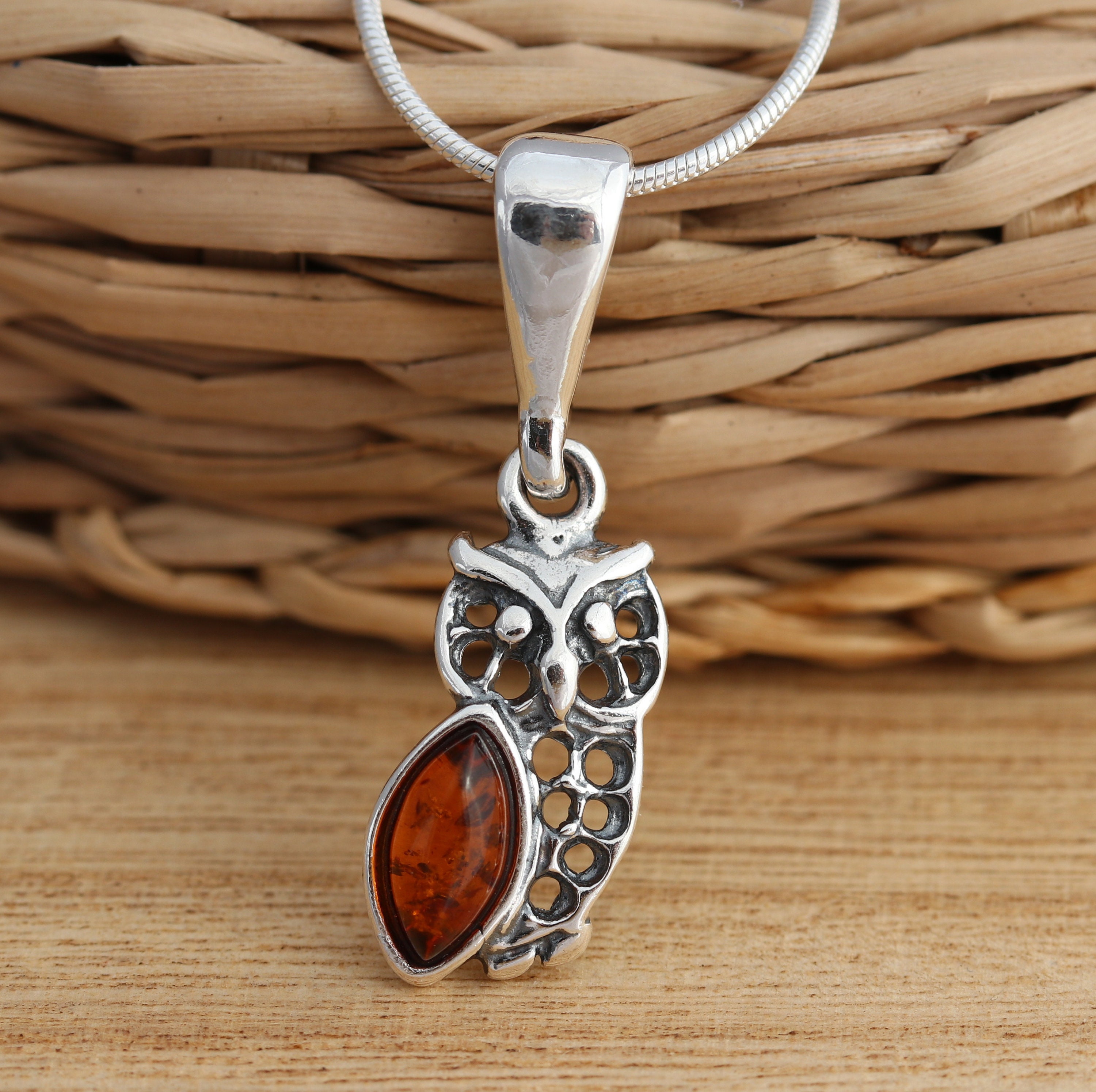 Cognac Baltic Amber Owl Pendant: Sterling Silver Necklace
