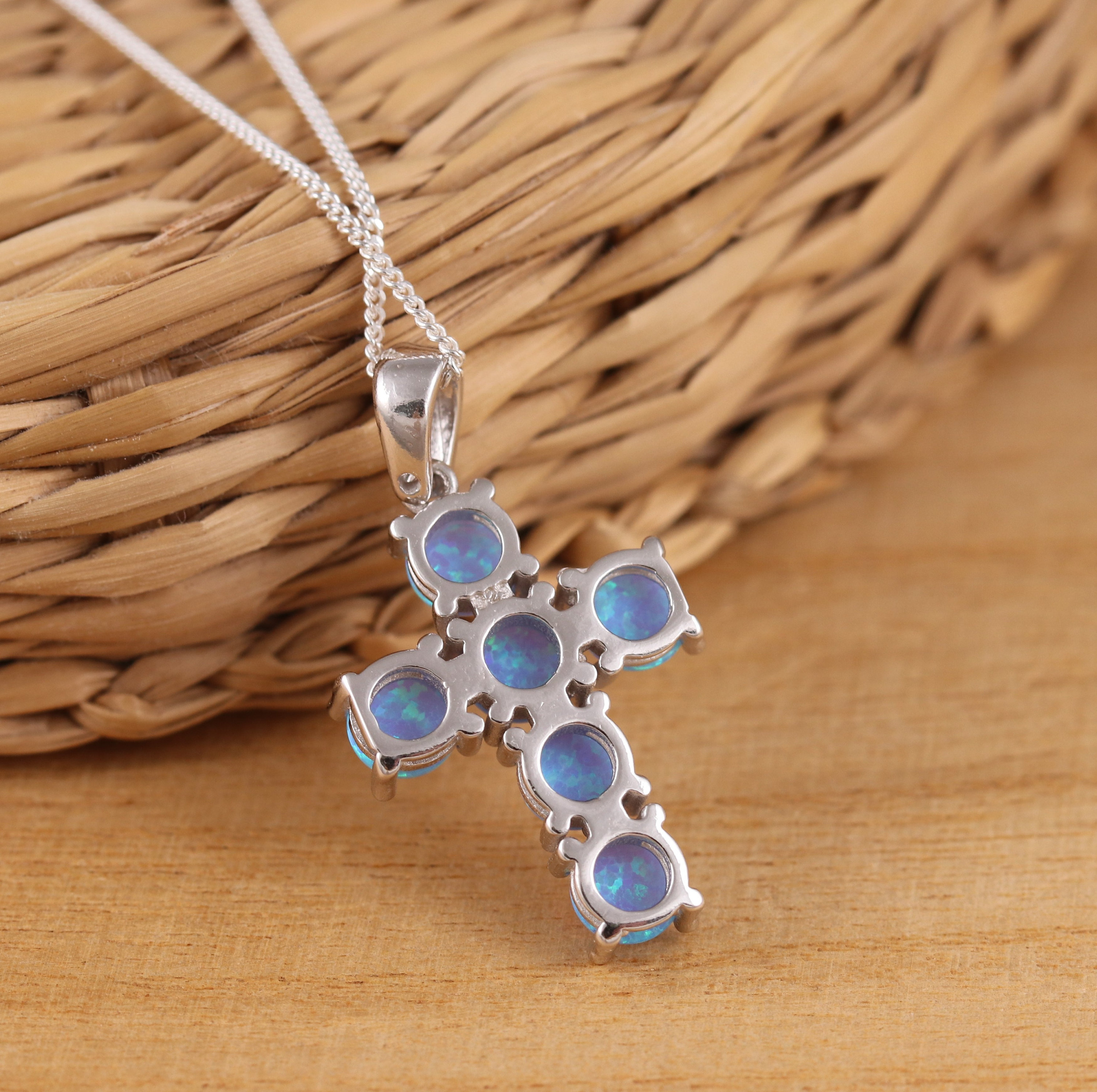 MYSTIC JEWELS - Collana in Argento 925 - Ciondolo Opale Sintetico Blu e Zirconcio, Catena Delicata, Design Minimalistico, Gioiello Donna, Tamaño Unico