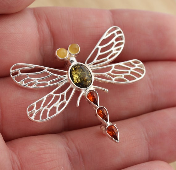 Baltic Amber & Sterling Silver 925 Dragonfly Brooch – Handmade In Poland
