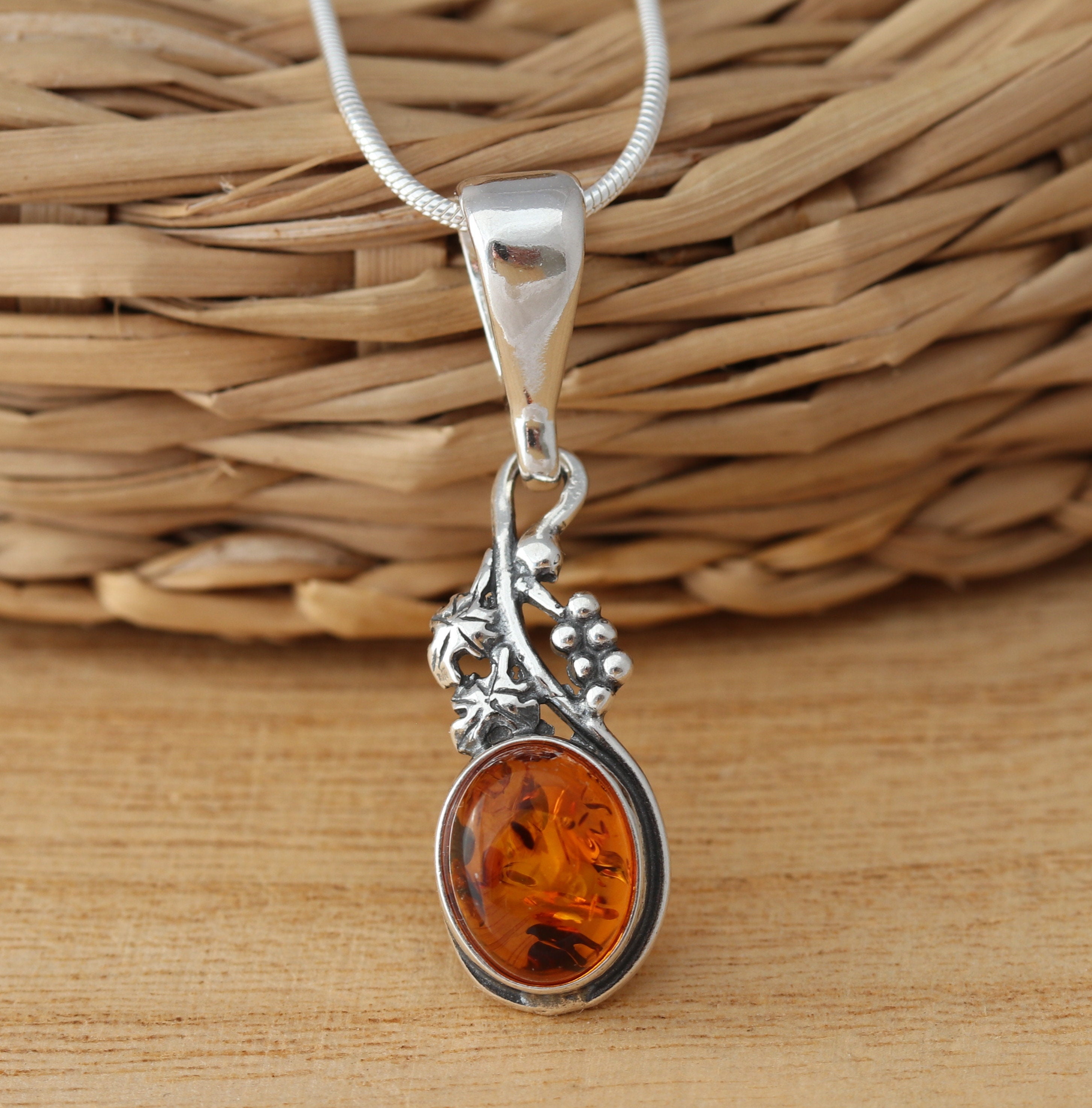 Cognac Baltic Amber 925 Sterling Silver Stylish Pendant Snake Chain 16-26 Inches Gift Boxed