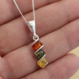 Multicolour Baltic Amber 925 Sterling Silver Pendant Curb Chain 16-30 Inches Gift Boxed