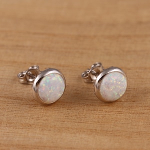 925 Sterling Silver White Opal Round Stud Earrings 10mm Diameter Gift Boxed