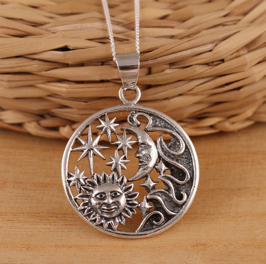 925 Sterling Silver Crescent Moon Sun & Stars Pendant Necklace Curb ...