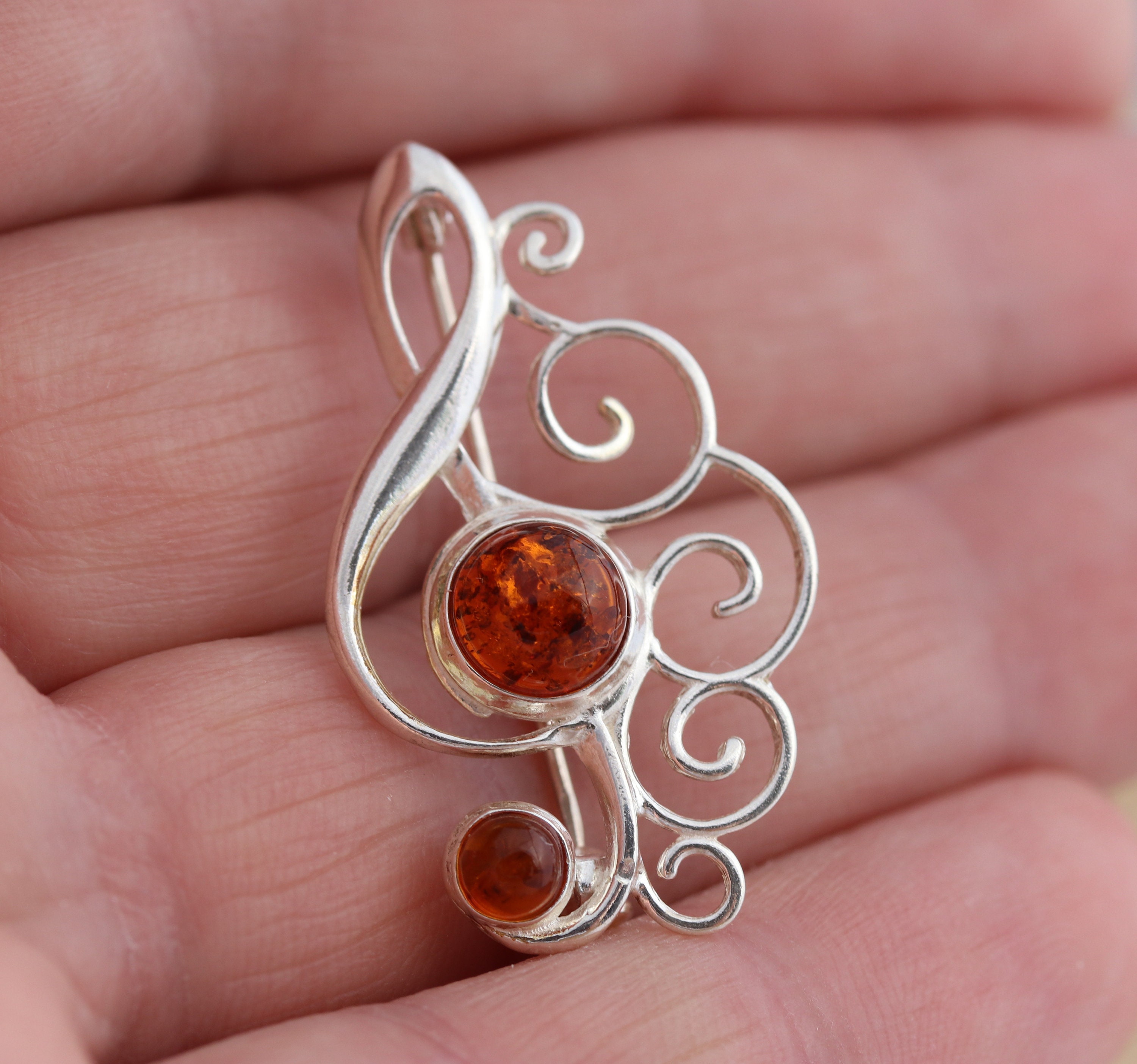 Baltic Amber & Sterling Silver 925 Music Clef Brooch – Handmade In Poland
