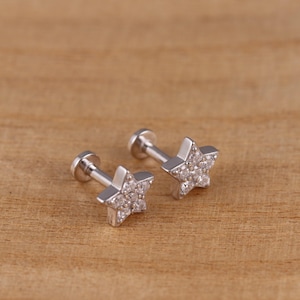 925 Sterling Silver CZ Stars Cartilage Stud Earrings a Pair or Single Gift Boxed