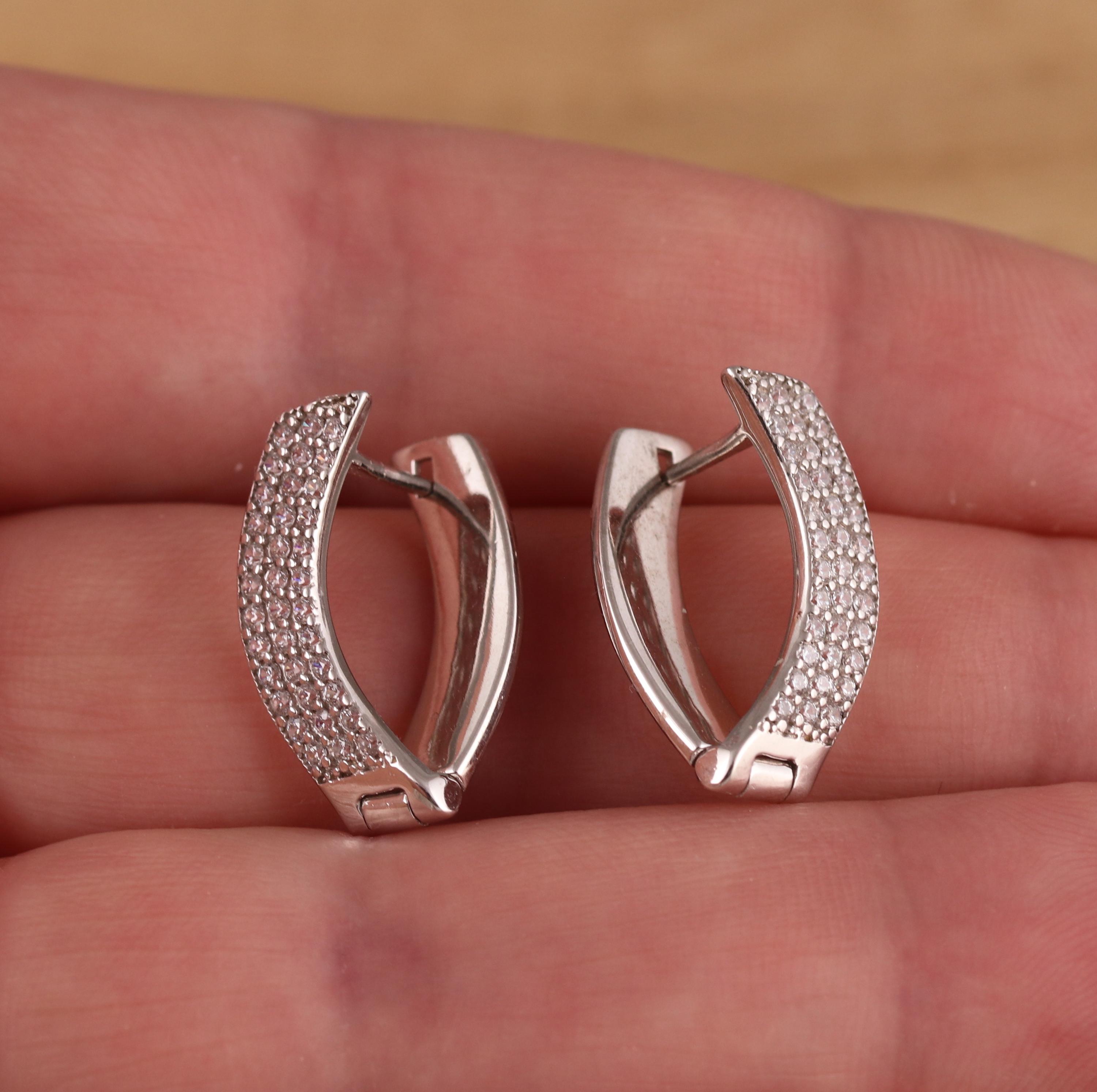 Minimal CZ Pave V Hoop Earrings In 925 Silver