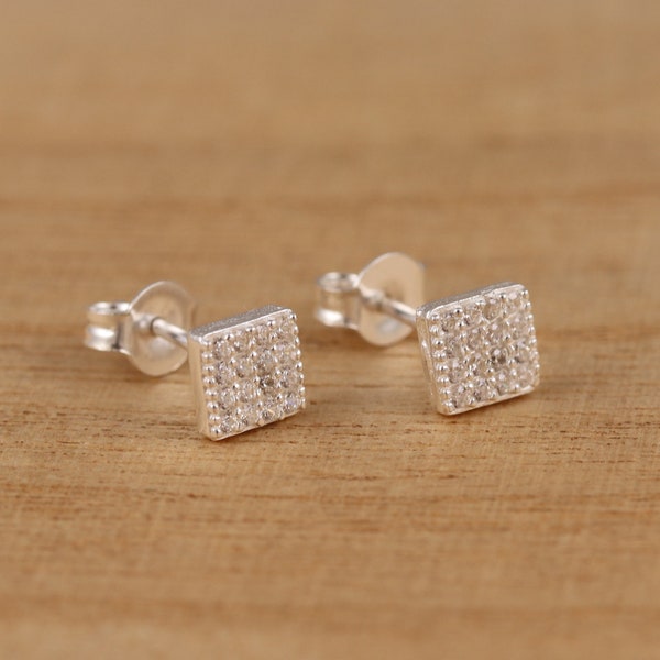 Genuine 925 Sterling Silver CZ Square Studs Earrings Cubic Zirconia Earrings Gift Boxed