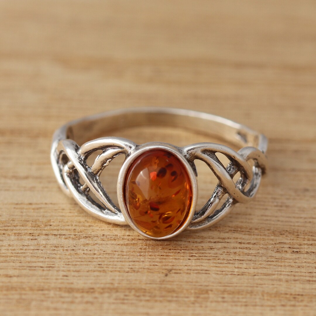 Bague En Argent 925 Et Ambre Cognac Baltique Véritable - Taille Réglable, Faite Main