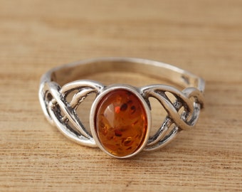 Bague Celtique En Argent Sterling 925 Et Ambre Baltique - Modèle AR9 - Neuve Avec étiquettes
