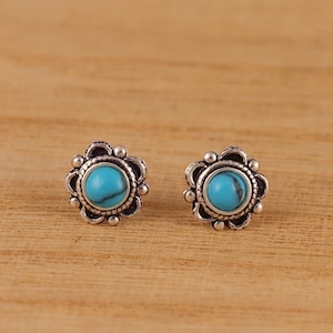 925 Sterling Silver Blue Turquoise Flower Stud Earrings 8mm Diameter Gift Boxed