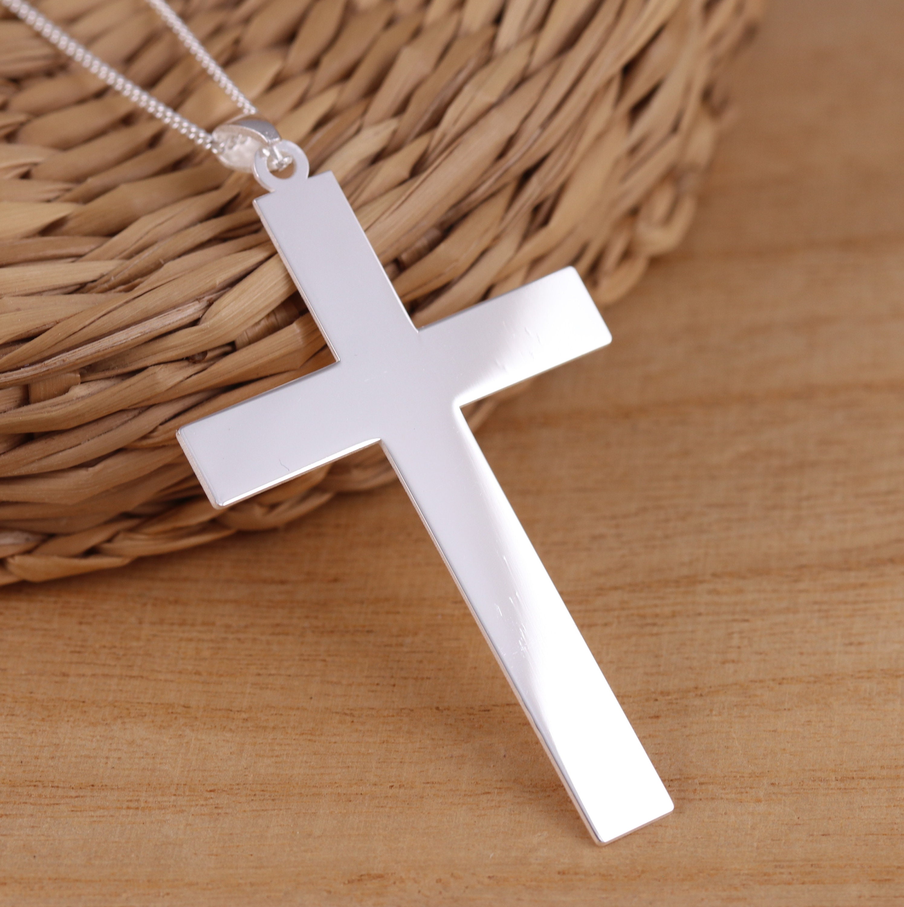 925 Sterling Silver Large Plain Cross Crucifix Pendant 1.2mm Curb