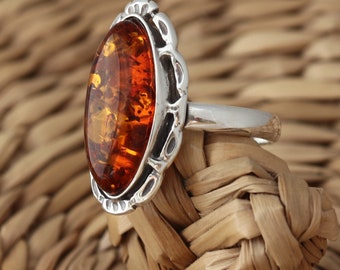 Marquise Cognac Baltic Amber 925 Sterling Silver Ring Amber Jewellery Gift Boxed