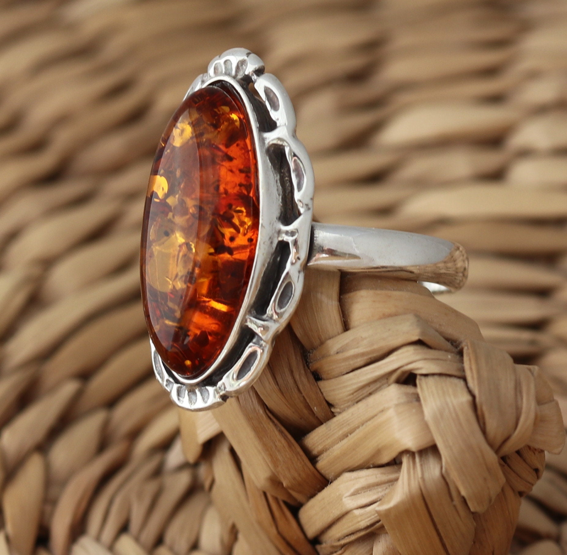Marquise Cognac Baltic Amber 925 Sterling Silver Ring Amber