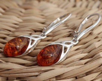 Cognac Baltic Amber 925 Sterling Silver Dangle Drop Celtic Earrings Jewellery Gift Boxed