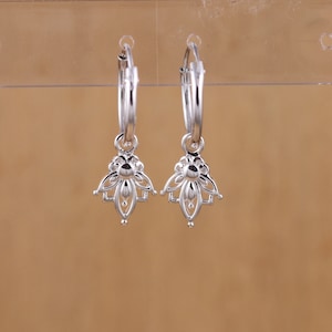 925 Sterling Silver Lotus Flower Hoops Sleeper 12mm Diameter Earrings Gift Boxed
