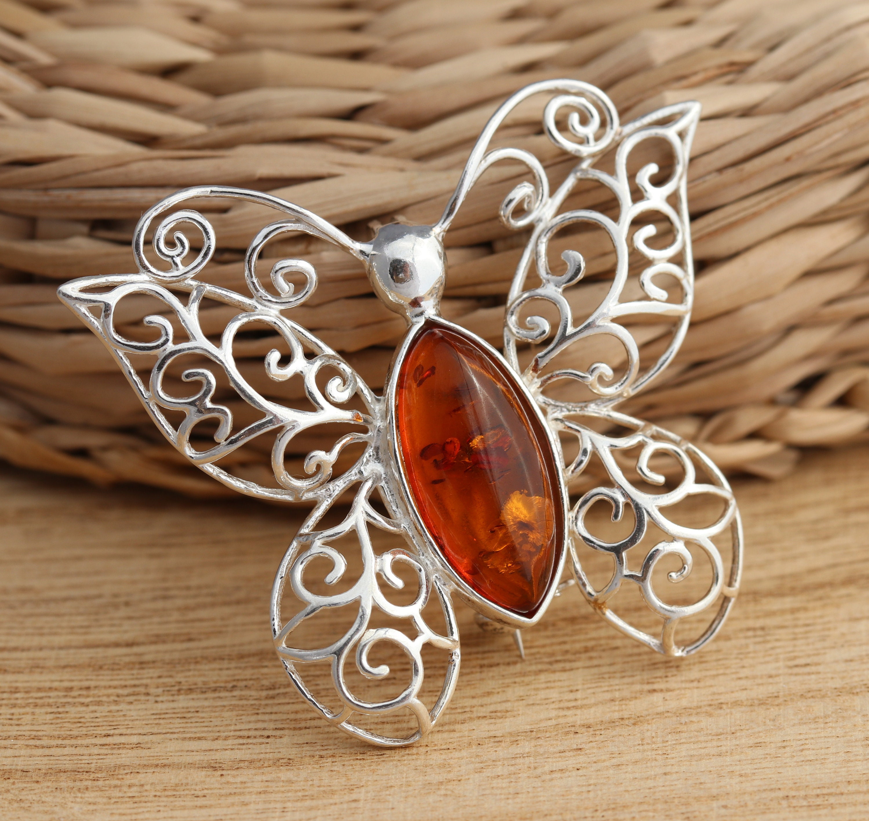 Broche Papillon XXL Artisanale Argent 925 Avec Ambre Baltique Effet Vitrail 80x60 Mm - Occasion