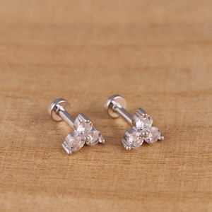 925 Sterling Silver Three Dot Trinity CZ Cartilage Upper Ear Screw Back Stud Earrings a Pair or Single Gift Boxed
