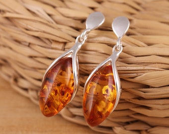 Orecchini a bottone in ambra baltica color cognac: argento sterling 925, fatti a mano - Italia