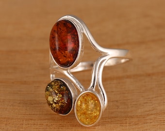 Multi-Colour Baltic Amber 925 Sterling Silver Ring Genuine Amber Ring J-R Sizes Gift Boxed