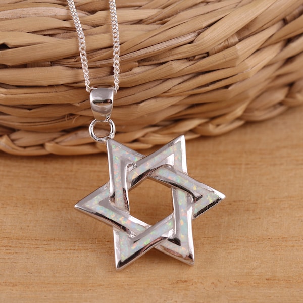 Solid 925 Sterling Silver White Opal Star of David Pendant Necklace Curb Chain 16-30 Inches Boxed