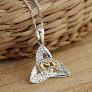 Solid 925 Sterling Silver Celtic Trinity Knot Pendant and Gold Vermeil Claddagh Necklace Chain Celtic Jewellery Gift Boxed